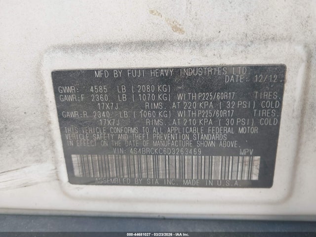 44681027 :رقم المزاد ، 4S4BRCKC6D3263469 vin ، 2013 Subaru Outback 2.5i Limited مزاد بيع