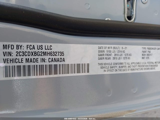 2021 Dodge Charger Sxt Rwd მანქანა იყიდება აუქციონზე, vin: 2C3CDXBG2MH632735, აუქციონის ნომერი: 44681032