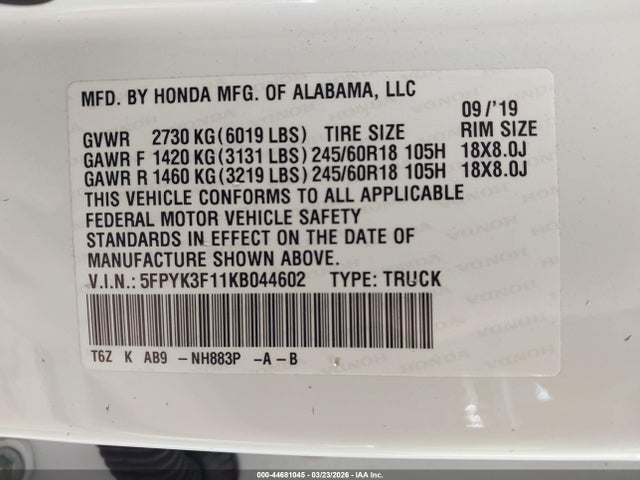 Aukcja sprzedaży 2019 Honda Ridgeline Sport, vin: 5FPYK3F11KB044602, numer aukcji: 44681045
