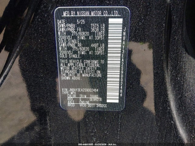 Aukcja sprzedaży 2025 Nissan Armada Platinum 2wd, vin: JN8AY3EA2S9002464, numer aukcji: 44681058
