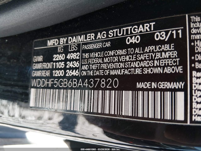 44681065 :رقم المزاد ، WDDHF5GB6BA437820 vin ، 2011 Mercedes-benz E 350 مزاد بيع