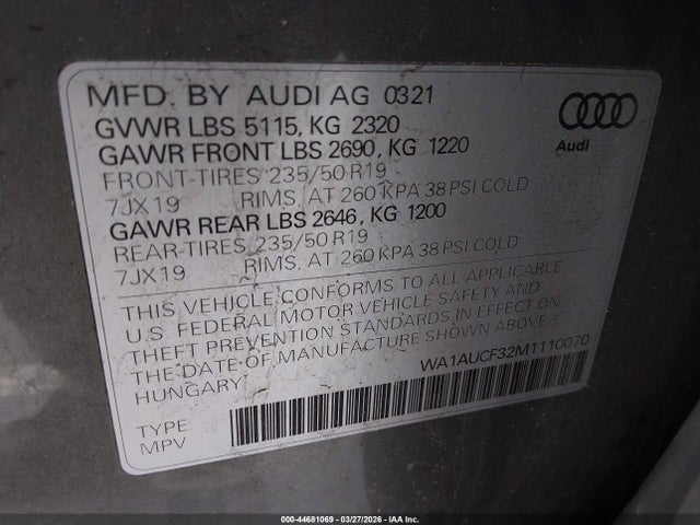 Продаж на аукціоні авто 2021 Audi Q3 Premium 40 Tfsi Quattro Tiptronic, vin: WA1AUCF32M1110070, номер лоту: 44681069