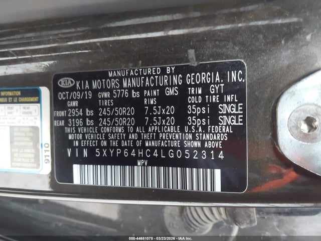 44681078 :رقم المزاد ، 5XYP64HC4LG052314 vin ، 2020 Kia Telluride S مزاد بيع