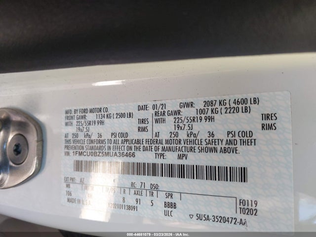 1FMCU0BZ5MUA36466 Ford Escape Se Hybrid
