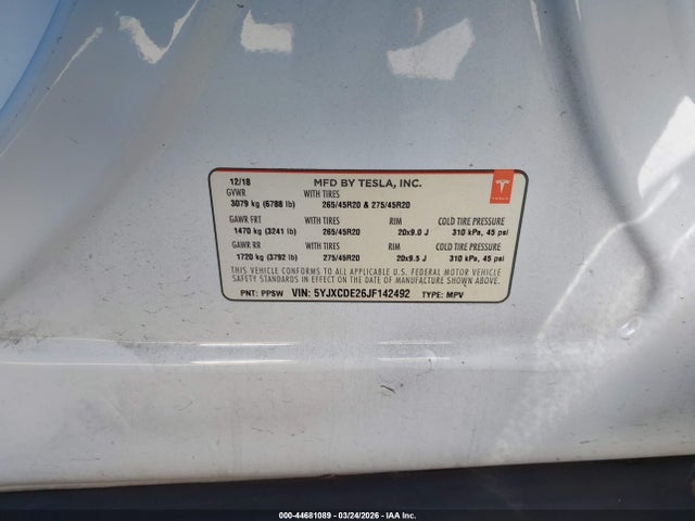 Aukcja sprzedaży 2018 Tesla Model X 100d/75d/p100d, vin: 5YJXCDE26JF142492, numer aukcji: 44681089