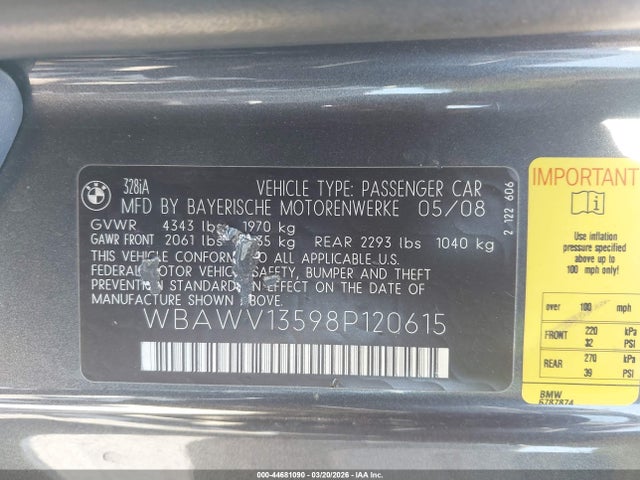 Продаж на аукціоні авто 2008 Bmw 328i, vin: WBAWV13598P120615, номер лоту: 44681090