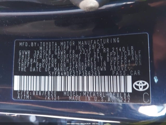 Aukcja sprzedaży 2026 Toyota Corolla Le, vin: 5YFB4MDE2TP366269, numer aukcji: 44681092