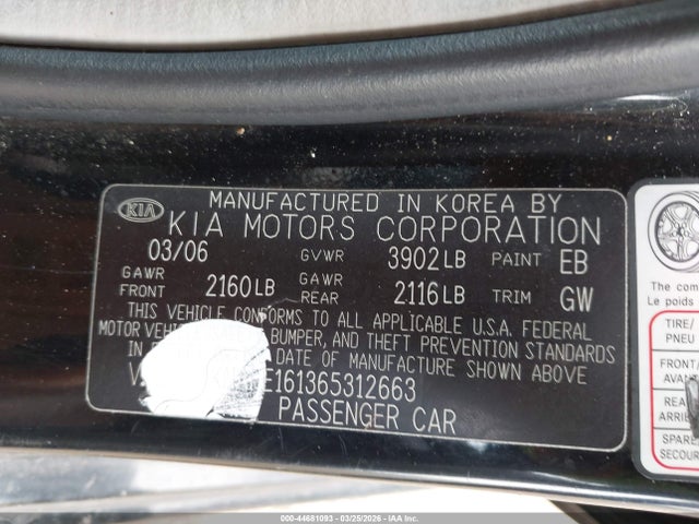 Продаж на аукціоні авто 2006 Kia Spectra5, vin: KNAFE161365312663, номер лоту: 44681093