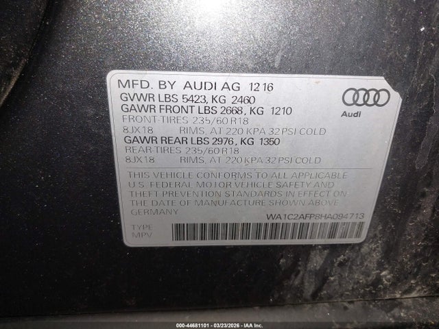 44681101 :رقم المزاد ، WA1C2AFP8HA094713 vin ، 2017 Audi Q5 2.0t Premium مزاد بيع