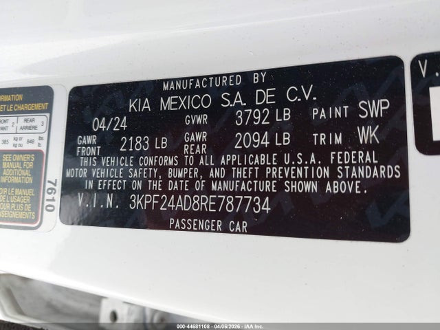 2024 Kia Forte Lxs მანქანა იყიდება აუქციონზე, vin: 3KPF24AD8RE787734, აუქციონის ნომერი: 44681108