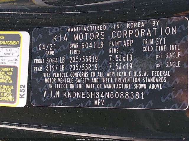 44681120 :رقم المزاد ، KNDNE5H34N6088381 vin ، 2022 Kia Carnival Mpv Sx مزاد بيع