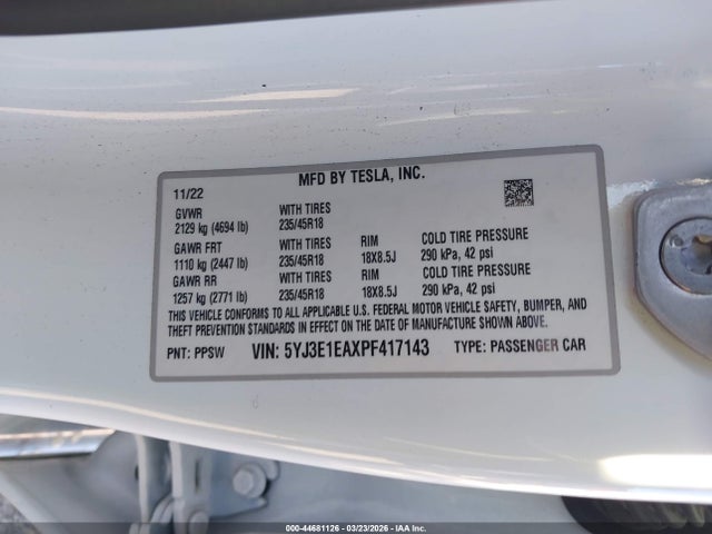 Продаж на аукціоні авто 2023 Tesla Model 3 Rear-wheel Drive, vin: 5YJ3E1EAXPF417143, номер лоту: 44681126