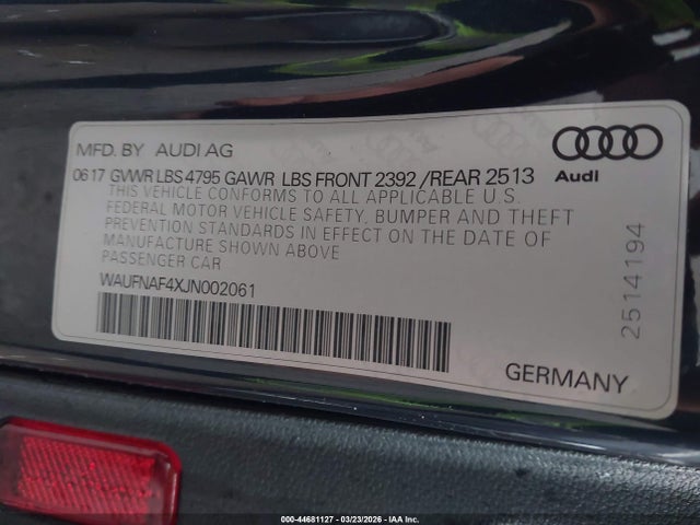 2018 Audi A4 2.0t Premium მანქანა იყიდება აუქციონზე, vin: WAUFNAF4XJN002061, აუქციონის ნომერი: 44681127