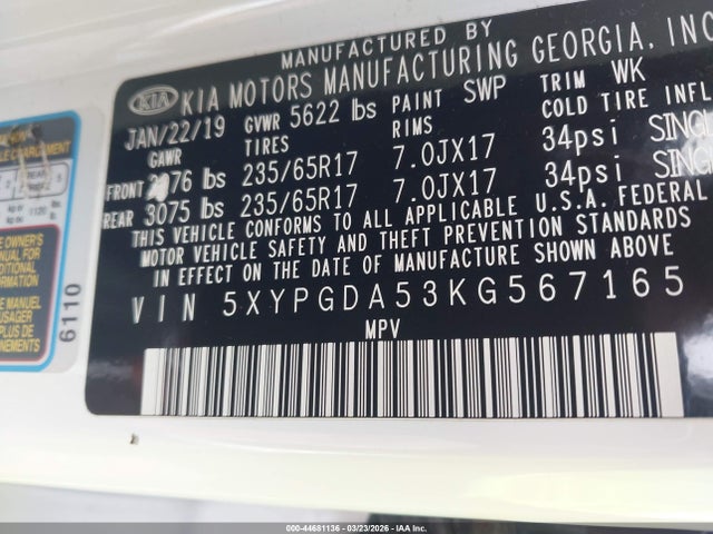Aukcja sprzedaży 2019 Kia Sorento 3.3l Lx, vin: 5XYPGDA53KG567165, numer aukcji: 44681136