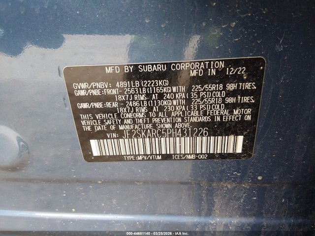 Продажа на аукционе авто 2023 Subaru Forester Touring, vin: JF2SKARC5PH431226, номер лота: 44681140