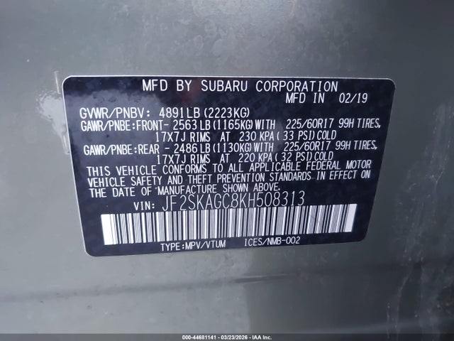2019 Subaru Forester Premium მანქანა იყიდება აუქციონზე, vin: JF2SKAGC8KH508313, აუქციონის ნომერი: 44681141