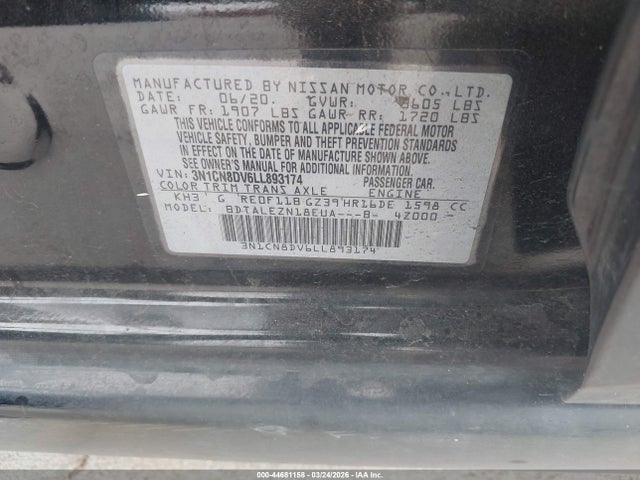 3N1CN8DV6LL893174 Nissan Versa S Xtronic Cvt