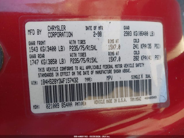 Продажа на аукционе авто 1998 Dodge Durango Slt, vin: 1B4HS28Y3WF157432, номер лота: 44681163