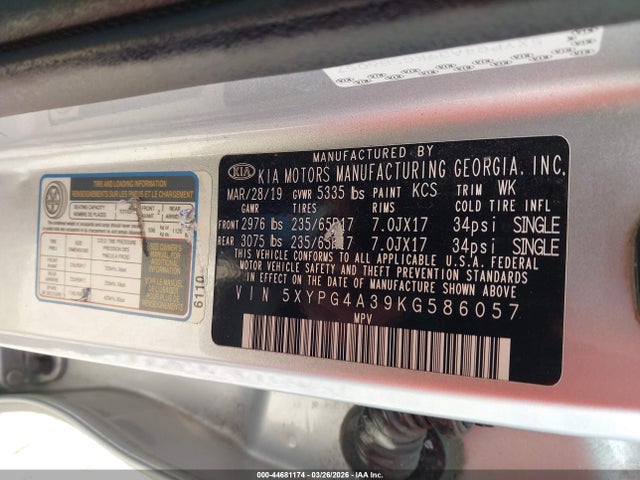 Продажа на аукционе авто 2019 Kia Sorento 2.4l L, vin: 5XYPG4A39KG586057, номер лота: 44681174
