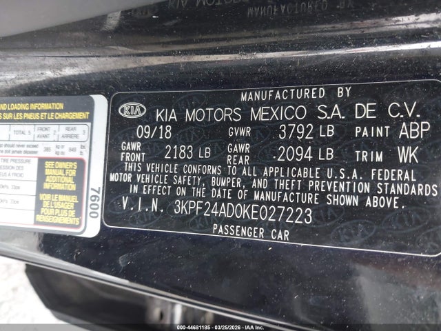 44681185 :رقم المزاد ، 3KPF24AD0KE027223 vin ، 2019 Kia Forte Fe مزاد بيع