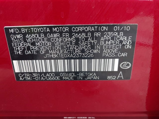 Продажа на аукционе авто 2010 Lexus Es 350, vin: JTHBK1EGXA2373226, номер лота: 44681211