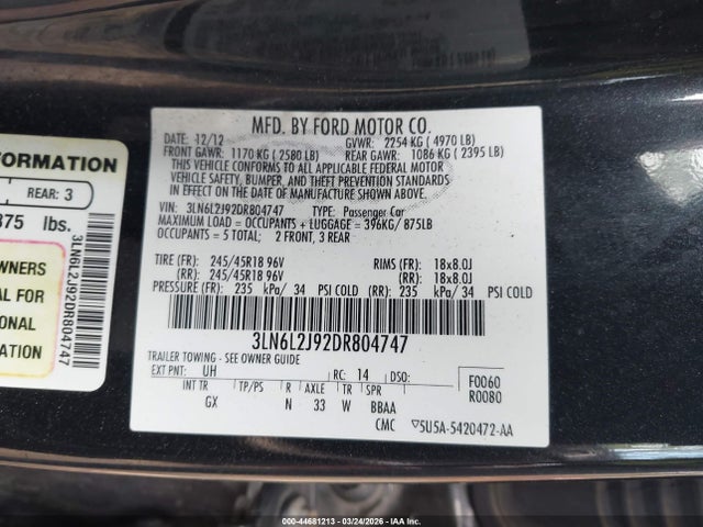 Продаж на аукціоні авто 2013 Lincoln Mkz, vin: 3LN6L2J92DR804747, номер лоту: 44681213