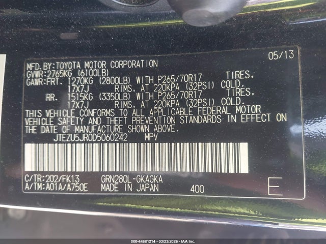 Aukcja sprzedaży 2013 Toyota 4runner Sr5, vin: JTEZU5JR0D5060242, numer aukcji: 44681214
