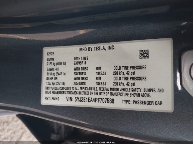 Aukcja sprzedaży 2023 Tesla Model 3 Rear-wheel Drive, vin: 5YJ3E1EA4PF707538, numer aukcji: 44681224