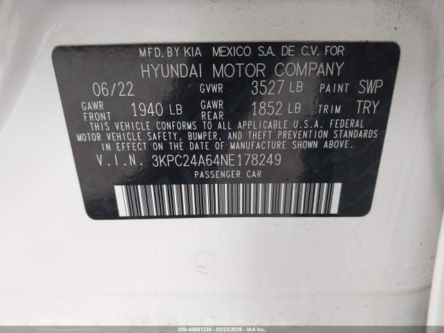 44681230 :رقم المزاد ، 3KPC24A64NE178249 vin ، 2022 Hyundai Accent Se مزاد بيع
