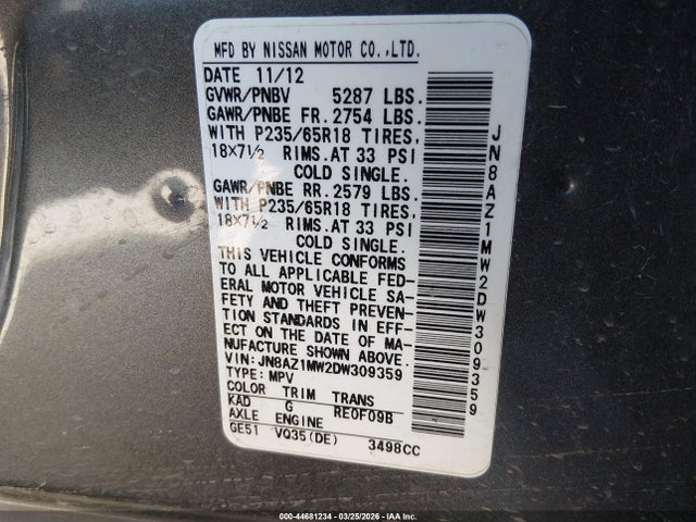 2013 Nissan Murano Sl მანქანა იყიდება აუქციონზე, vin: JN8AZ1MW2DW309359, აუქციონის ნომერი: 44681234