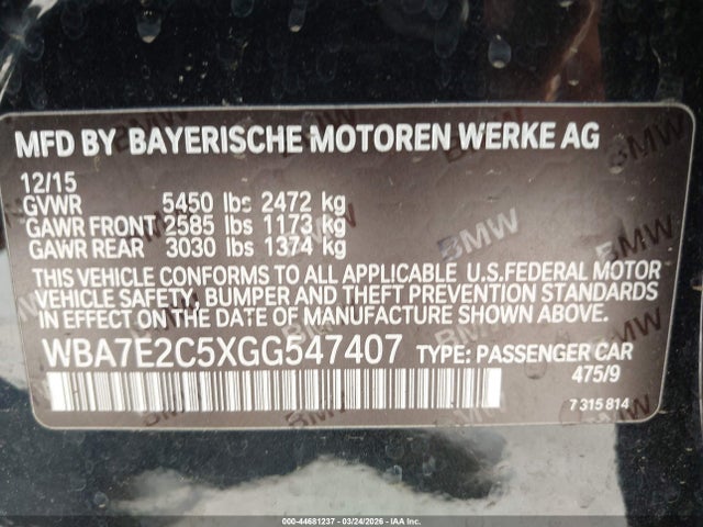 Aukcja sprzedaży 2016 Bmw 740i, vin: WBA7E2C5XGG547407, numer aukcji: 44681237