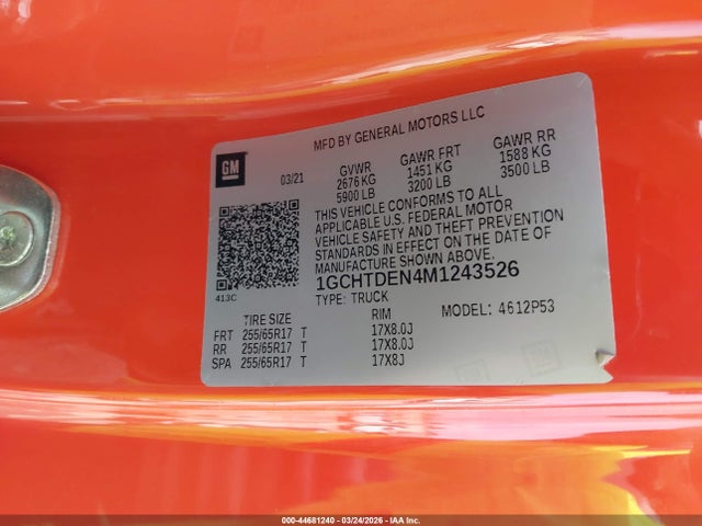 Продаж на аукціоні авто 2021 Chevrolet Colorado 4wd  Long Box Z71, vin: 1GCHTDEN4M1243526, номер лоту: 44681240