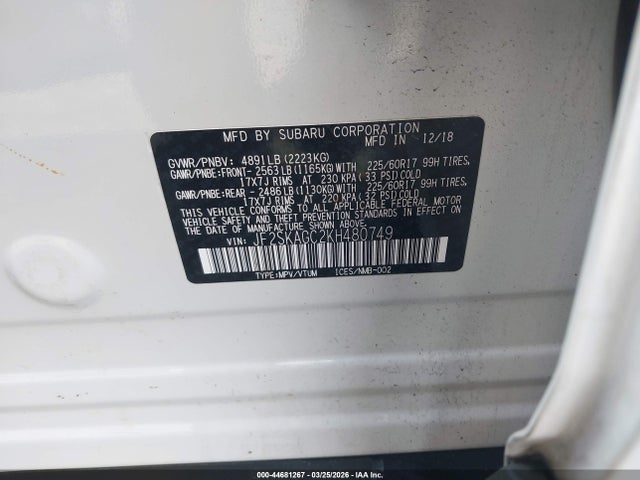Продажа на аукционе авто 2019 Subaru Forester Premium, vin: JF2SKAGC2KH480749, номер лота: 44681267