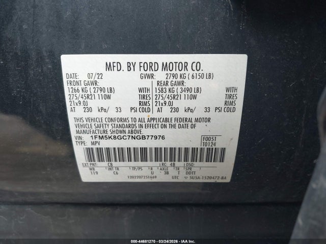 Aukcja sprzedaży 2022 Ford Explorer St, vin: 1FM5K8GC7NGB77976, numer aukcji: 44681270