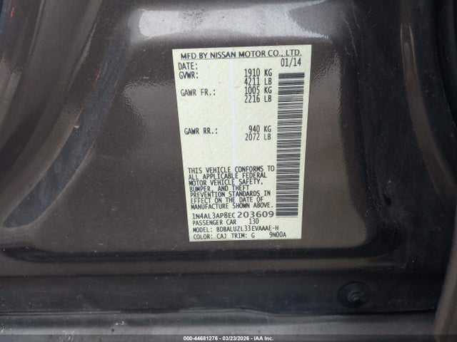 44681276 :رقم المزاد ، 1N4AL3AP8EC203609 vin ، 2014 Nissan Altima 2.5 Sv مزاد بيع