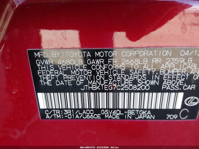 Продажа на аукционе авто 2012 Lexus Es 350, vin: JTHBK1EG7C2508200, номер лота: 44681279