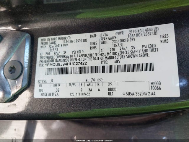 Ford Escape Titanium 2017 1FMCU9J94HUC27422 Image 9