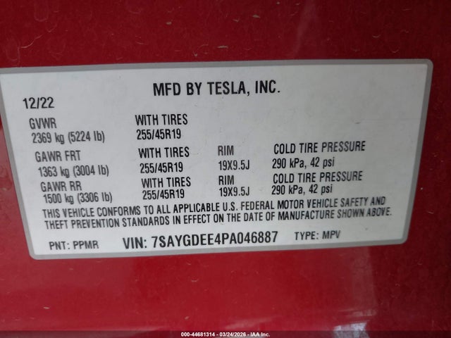 7SAYGDEE4PA046887 Tesla Model Y Awd/long Range Dual Motor All-wheel Drive