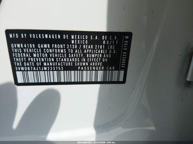 Продаж на аукціоні авто 2018 Volkswagen Jetta 1.4t Se/1.4t Wolfsburg Edition, vin: 3VWDB7AJ1JM223753, номер лоту: 44681321