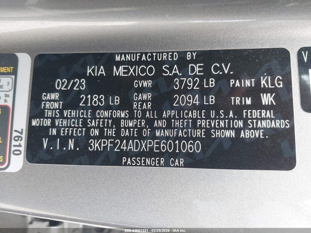 Aukcja sprzedaży 2023 Kia Forte Lxs, vin: 3KPF24ADXPE601060, numer aukcji: 44681331
