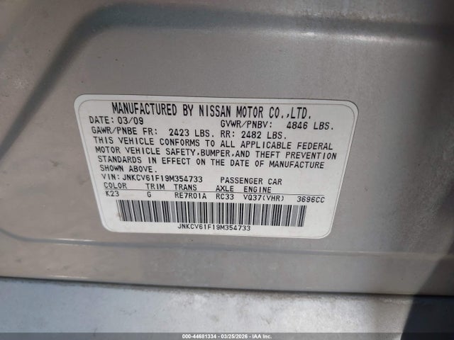 Aukcja sprzedaży 2009 Infiniti G37x, vin: JNKCV61F19M354733, numer aukcji: 44681334