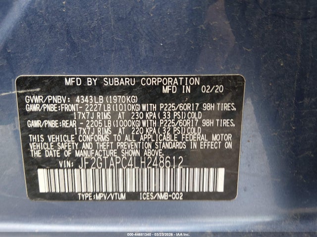44681340 :رقم المزاد ، JF2GTAPC4LH248612 vin ، 2020 Subaru Crosstrek Premium مزاد بيع