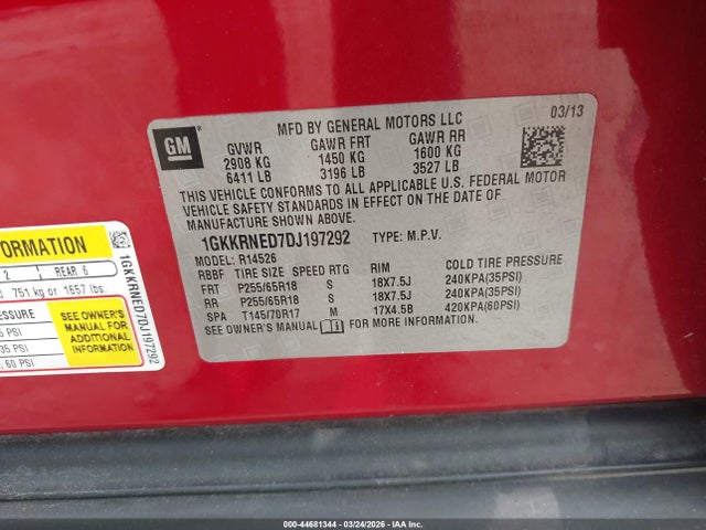 Aukcja sprzedaży 2013 Gmc Acadia Sle-1, vin: 1GKKRNED7DJ197292, numer aukcji: 44681344