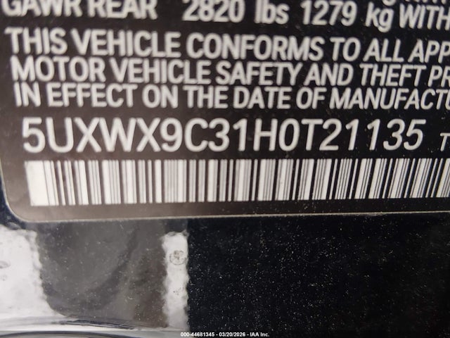 Aukcja sprzedaży 2017 Bmw X3 Xdrive28i, vin: 5UXWX9C31H0T21135, numer aukcji: 44681345