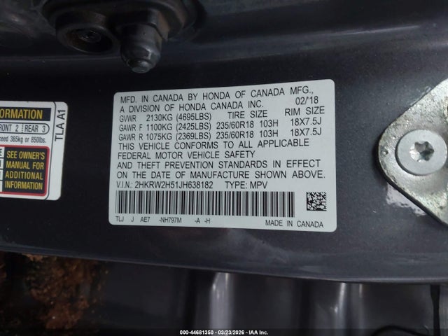 2018 Honda Cr-v Ex მანქანა იყიდება აუქციონზე, vin: 2HKRW2H51JH638182, აუქციონის ნომერი: 44681350