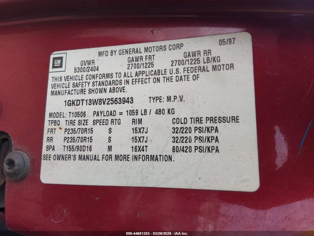 Продаж на аукціоні авто 1997 Gmc Jimmy Sls, vin: 1GKDT13W8V2563943, номер лоту: 44681353