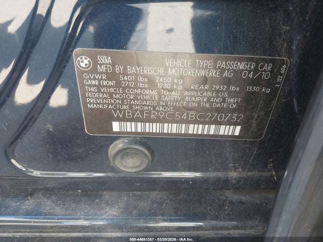 2011 BMW 550I WBAFR9C54BC270732 Photo 8