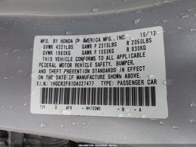 Продажа на аукционе авто 2013 Honda Accord Ex-l, vin: 1HGCR2F81DA027477, номер лота: 44681359