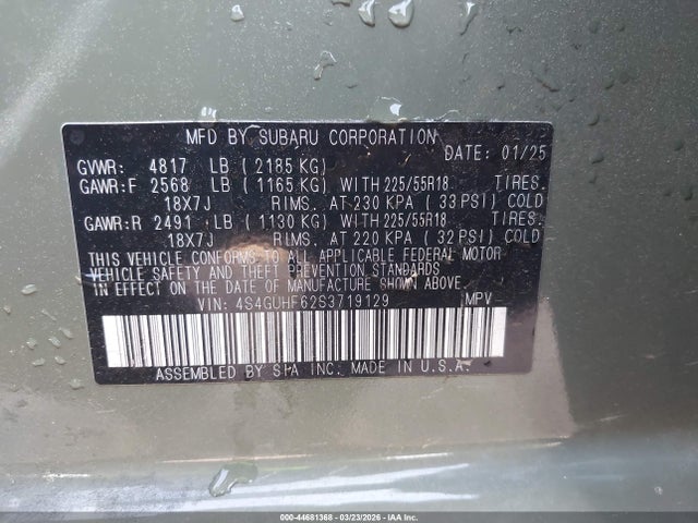 2025 Subaru Crosstrek Sport მანქანა იყიდება აუქციონზე, vin: 4S4GUHF62S3719129, აუქციონის ნომერი: 44681368