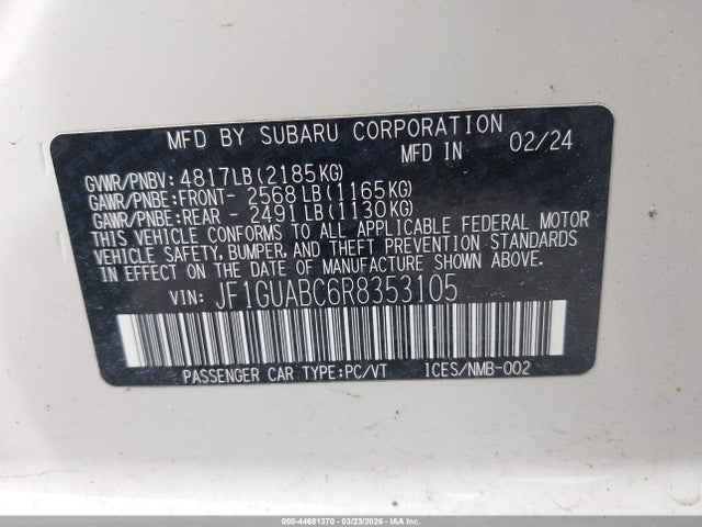 2024 Subaru Impreza Base 5-door მანქანა იყიდება აუქციონზე, vin: JF1GUABC6R8353105, აუქციონის ნომერი: 44681370